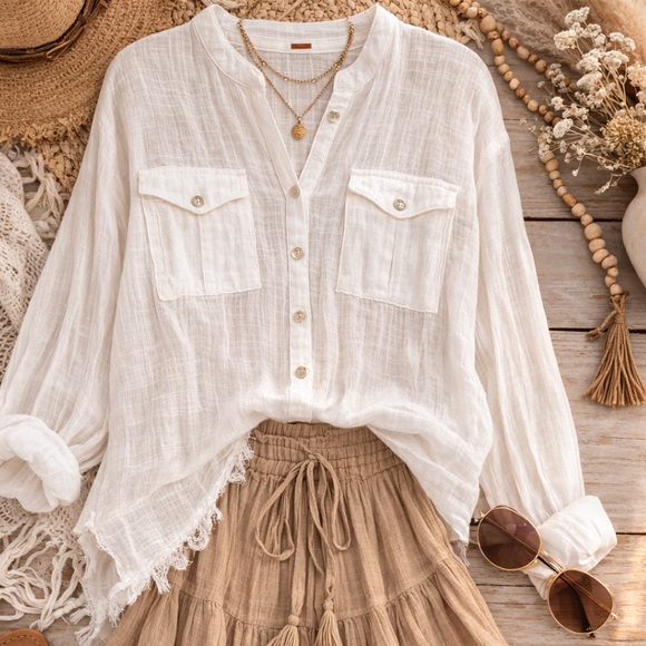 Free People Tops - Free People Oversized Talk To Me  White Gauze Shirt